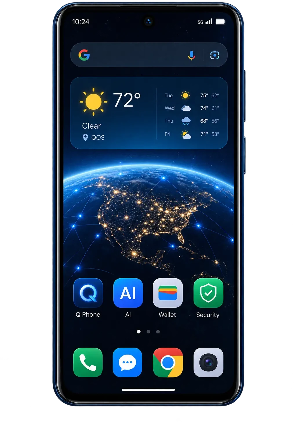 Concept render of the QOS home screen with the Q Phone, AI, Wallet and Security apps.