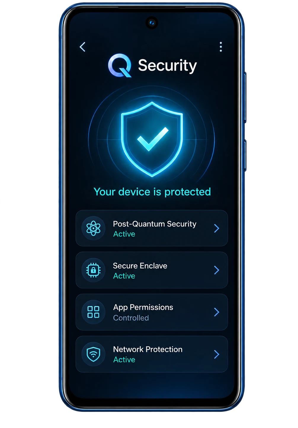 Concept render of the Q Security screen showing post-quantum security, secure enclave, app permissions and network protection.