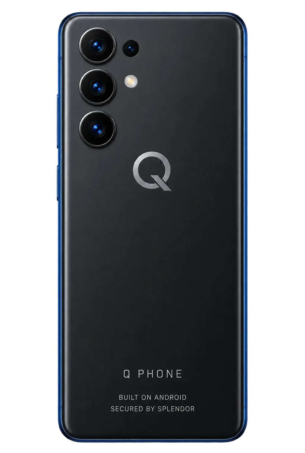 Close view of the Q Phone rear-bottom branding reading Q PHONE, BUILT ON ANDROID, SECURED BY SPLENDOR.