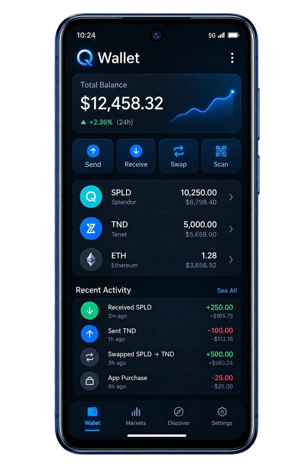 Concept render of the Q Wallet app showing balances, send, receive and swap actions.