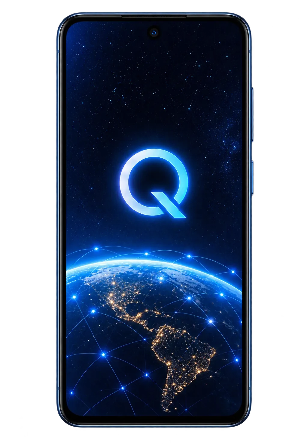 Close view of the Q Phone front display showing connected-Earth imagery next to the blue-lit metallic frame edge.