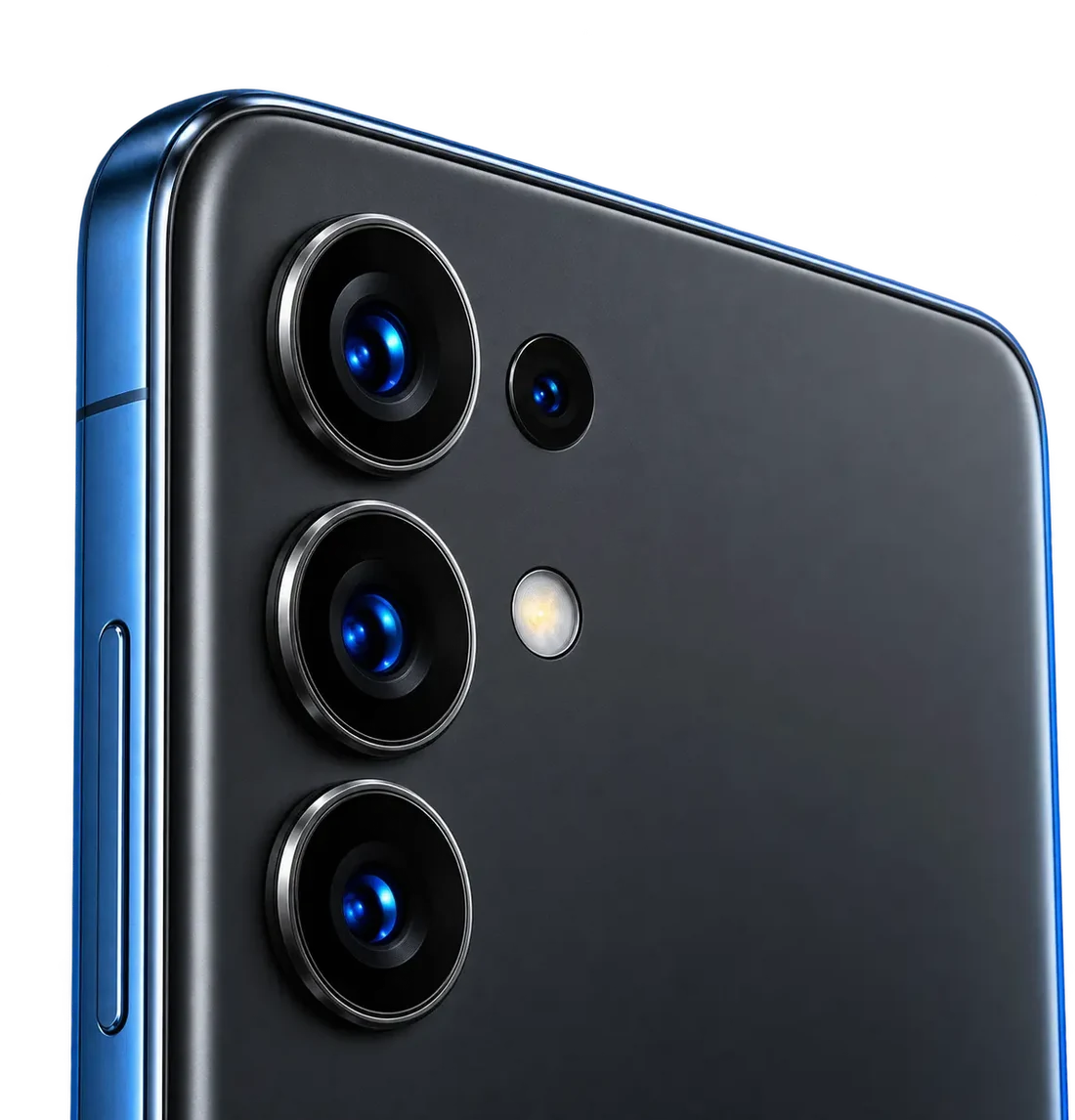 Close view of the Q Phone rear camera array with three vertically arranged lenses and the metallic Q emblem high on the matte graphite back panel.
