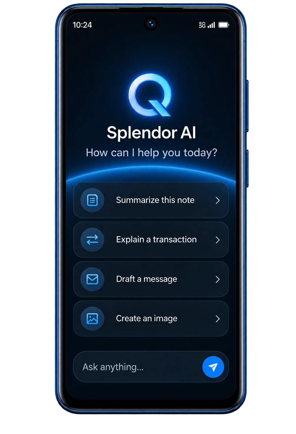 Concept render of the Splendor AI assistant screen on the Q Phone.
